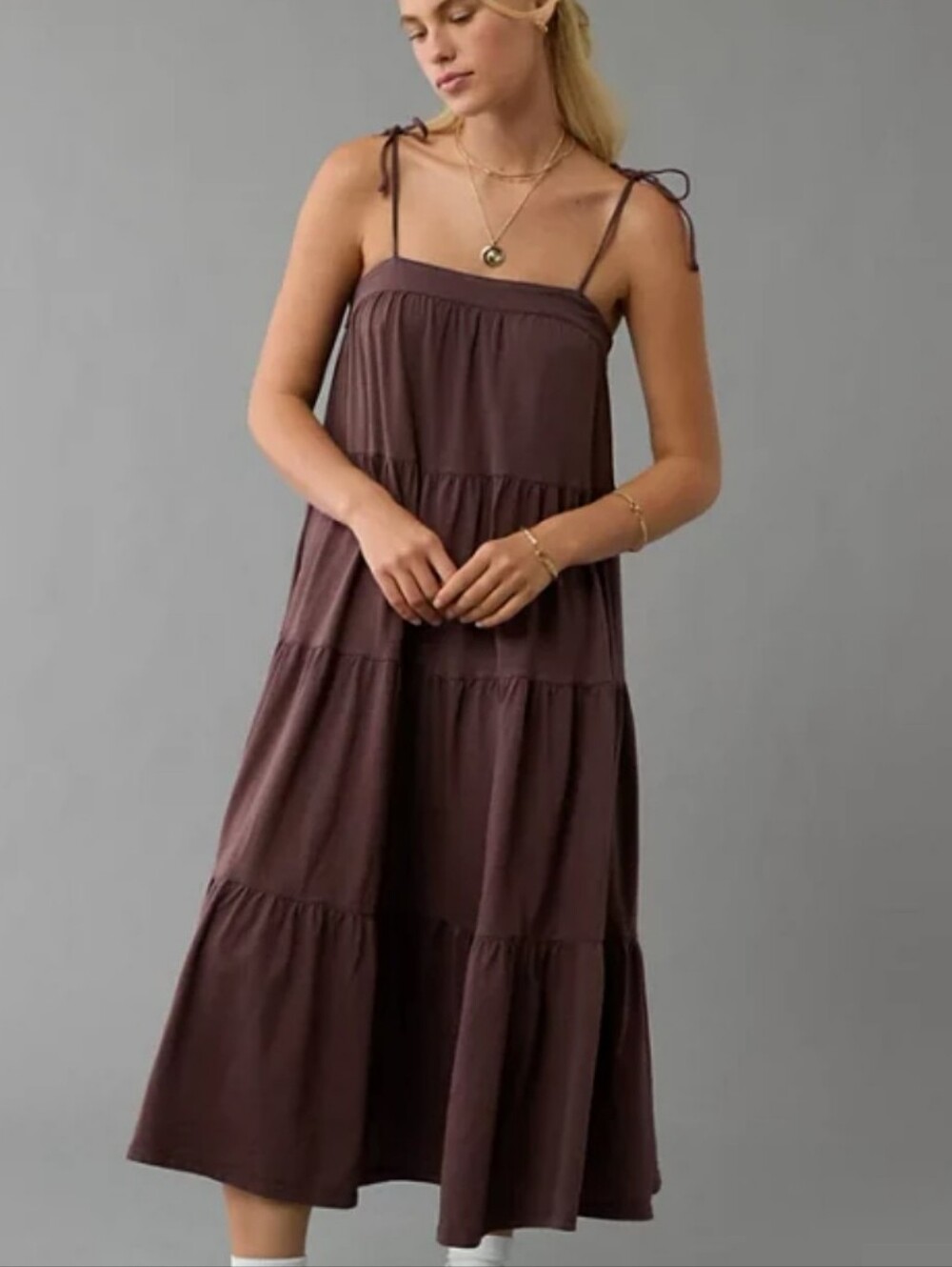 American Eagle Sunchaser Knit Tie Shoulder Brown Maxi Dress Size Small